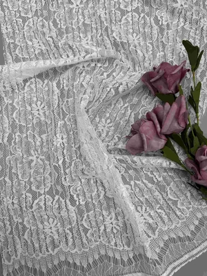 55 Inch White Floral Lace Fabric In Nylon Cotton Rayon Composition With Scallop Eyelash