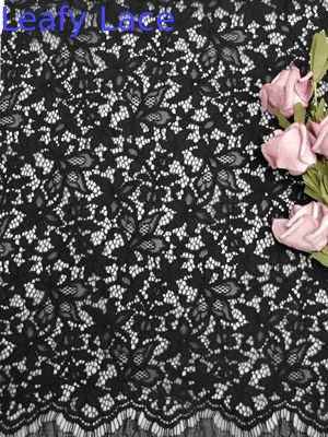 3D 57 Inch Black Floral Corded Lace Fabric With Soft Handfeel