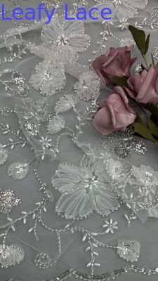 Leafy Beaded Embroidery Fabric Mesh Floral for Evening Party Dresses Design