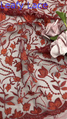 Red Mesh Embroidered Lace Fabric Luxary Embroiedered Floral Customized Factory for Gowns