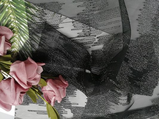 Black Metallic Lurex Geometric Line Silver Embroidered Lace Fabric