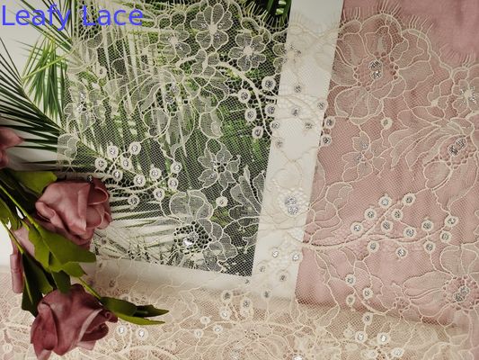 French Chantilly Orange Tulle Lurex Metallic Silver Lace Fabric