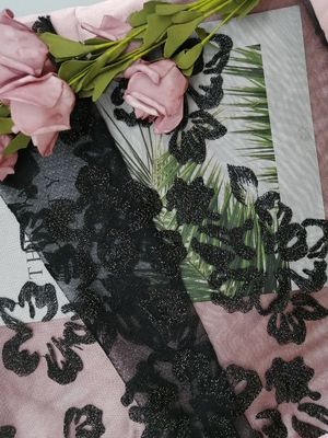 Black Delicate Corded 3D Floral Lace Fabric Embroidered Bridal Fabric