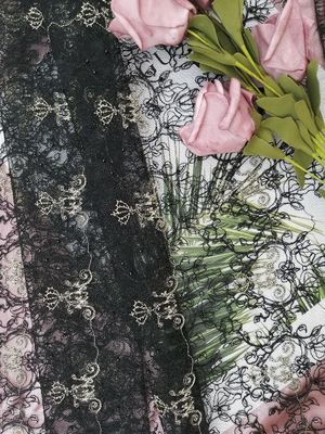 125CM Black Delicate Luxury Beaded Embroidered Lace Fabric