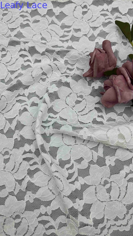 54 Inch White Color Stretch Floral Corded Elastic Lace Fabric For Women Clothing