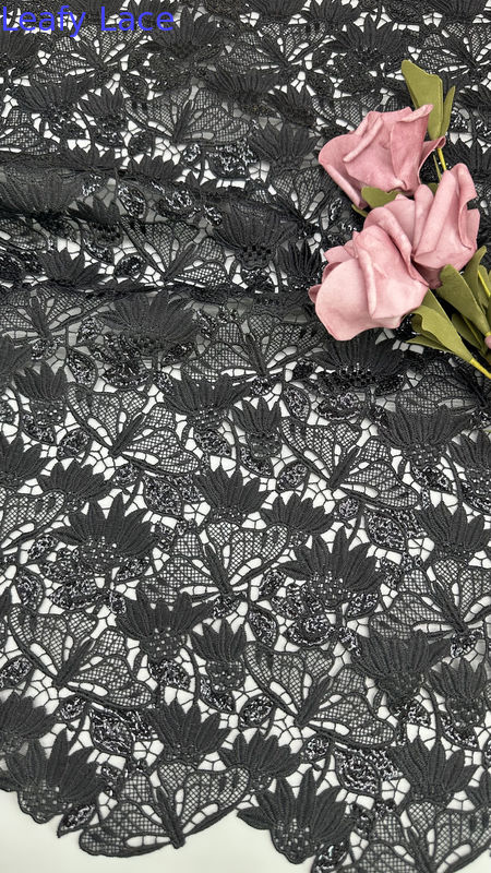 Black Leafy Embroiedered Fabric with Laser irregular Edges Sheer Romantic Lace for Wedding Veils and Dresses