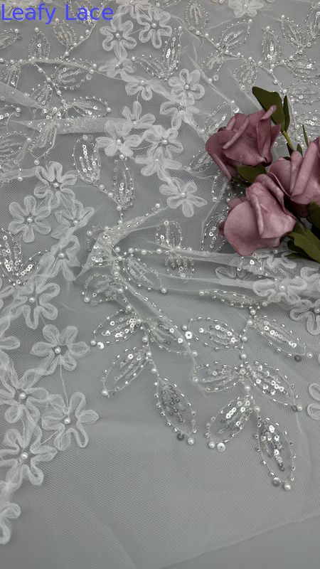 Leafy Tulle Lace With Embroidered Sequin Mesh Bead For Sheer Elegance Ornate Texture And Shine For Couture And Luxury Dresses