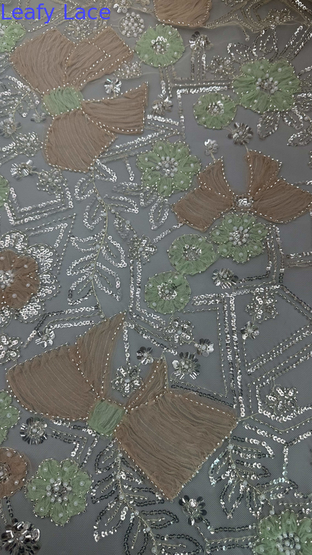 Leafy Sequin Embroidered Lace Fabric Polyester Floral Mesh Lace for Evening Dresses