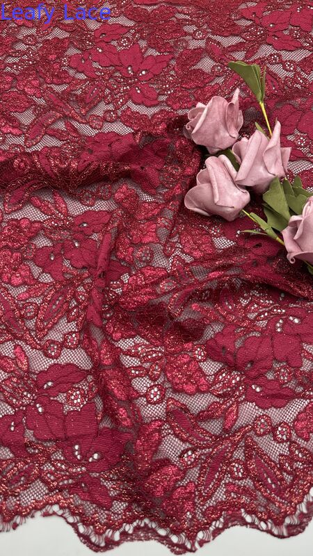 Red Color Embroidered Lace Fabric For Party Dresses Customized Beauty And Sweet Leafy Dresses