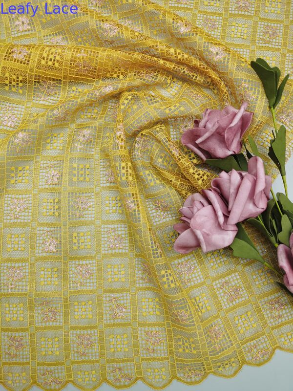Plaid Yellow Hollow-up Patter Embroidered Lace Fabric New Collection