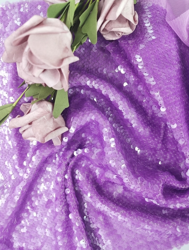 Purple Color Tulle Sequin Embroidered Fabric For Evening Dress