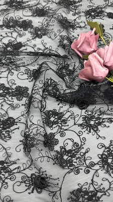 Blattblacke Spitze Langlebige und elegante Stickerei Luxuriöse Blume 100% Strick Stickerei Stoff Spitze Stoff Hochzeit Geburtstagsfeier Schönes Kleid