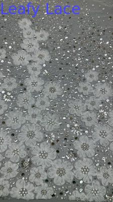 Gewebe aus Polyester, mit Perlen, mit Stickerei, Sequin, Spitze, Spandex, Weiß, 100% Spitze mit Stickerei