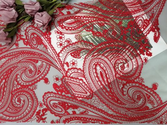 Rotes Spitze-Gewebe Tulles Mesh Bridal Dress Embroidery Paisley