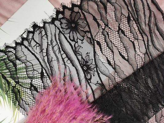 Schwarze metallische Blumen-Linie französisches Chantilly-Spitze-Gewebe Lurex