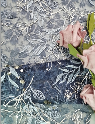 Blaues gesticktes Tulle schnüren sich Gewebe-Blumen-Spitze mit Pailletten